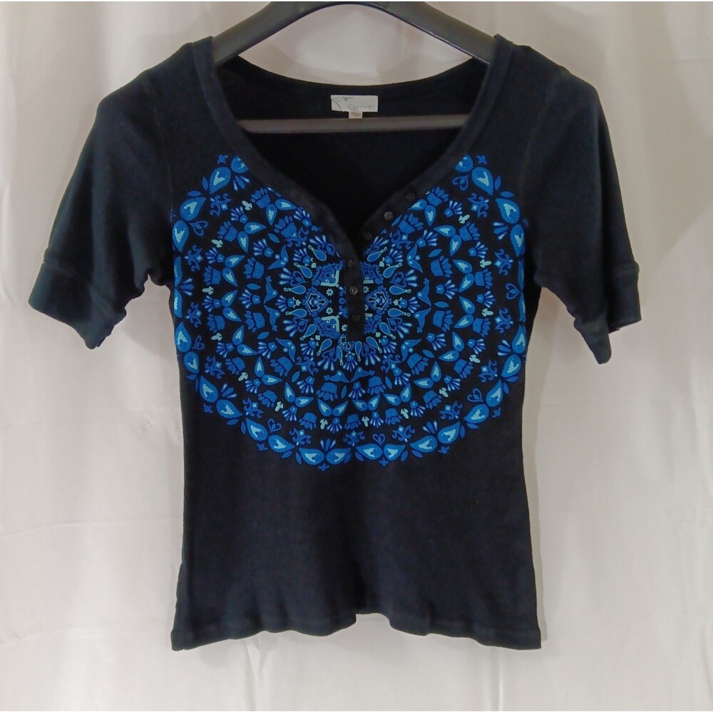 Currants Size Large Black Blue Graphic Mandala Y2K Henley Baby Tee 100% Cotton
